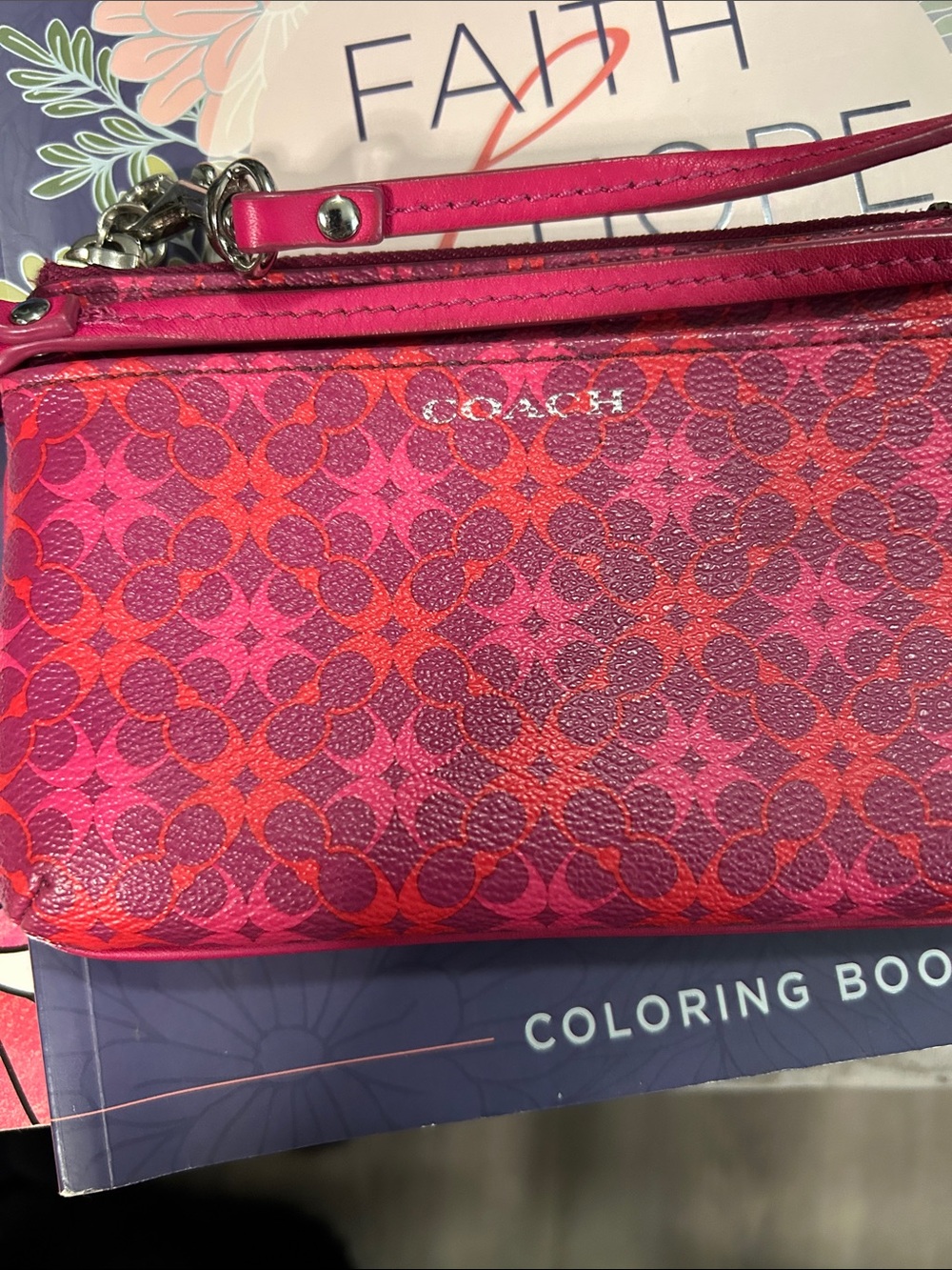 Coach Pink and Red Signature  Waverly Wristlet